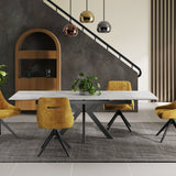 Regent 160-240cm White Ceramic Marble Side Extending Dining Table With Swivel Velvet Dining Chairs