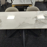 Phoenix 180cm White Ceramic Marble Dining Table With Grey Velvet Black Ring Chairs