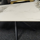 Phoenix 180cm White Ceramic Marble Dining Table With Grey Velvet Black Ring Chairs