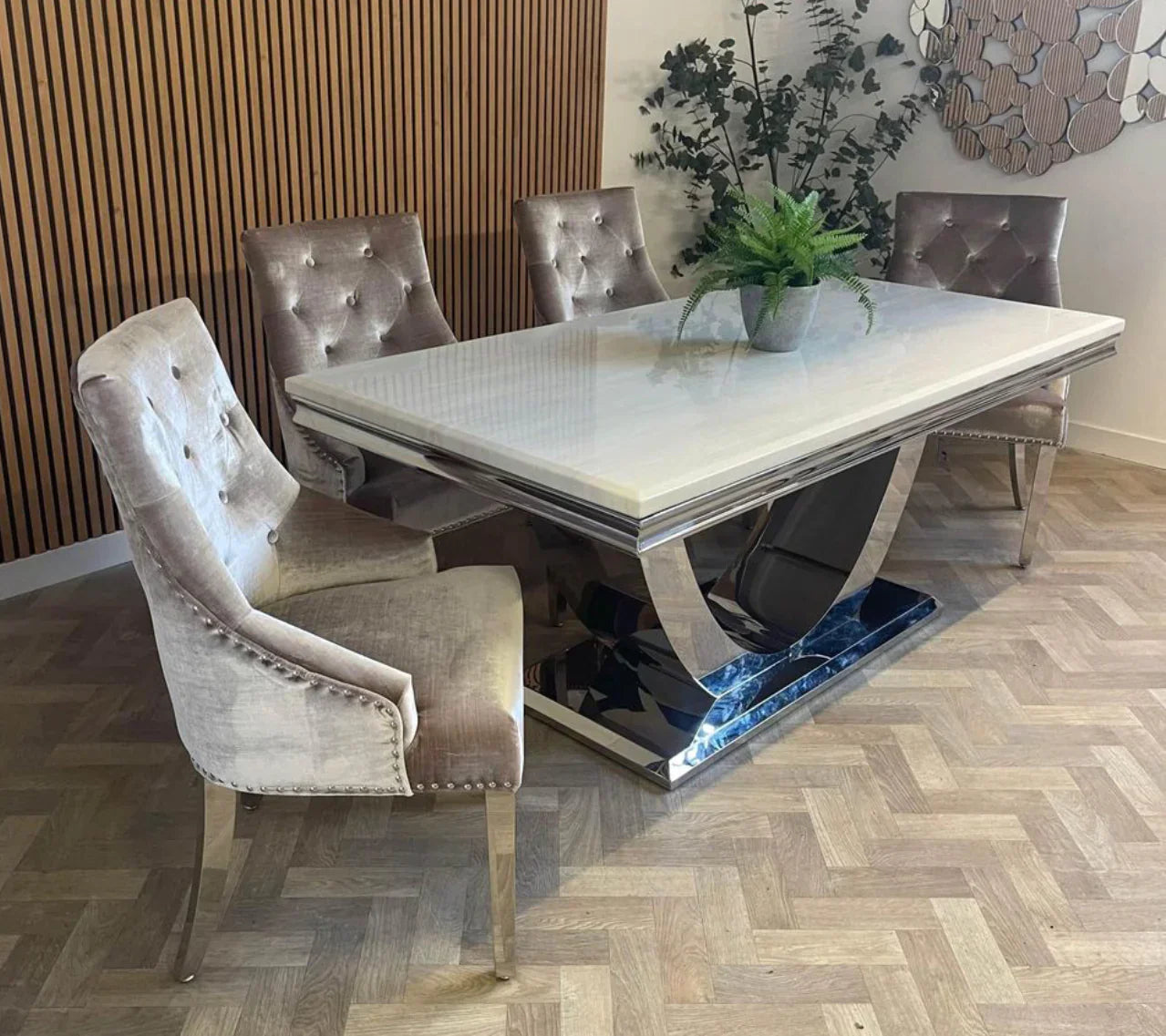 Denver Marble & Chrome Dining Table With Lion Knocker Quilted Velvet Chairs