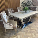 Denver Marble & Chrome Dining Table With Lion Knocker Quilted Velvet Chairs