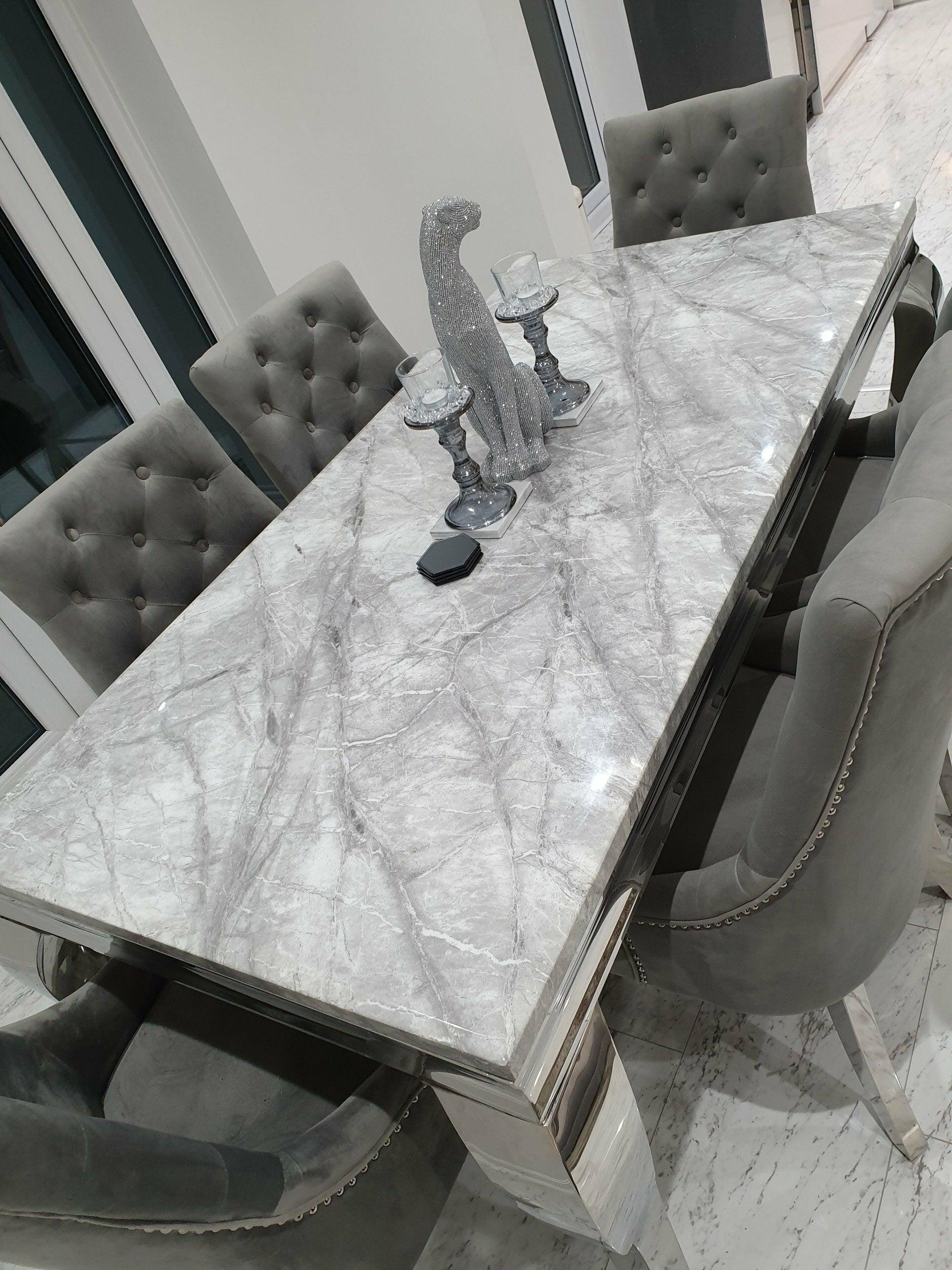 Louis Grey Marble 180CM Dining Table + Grey Lion Chairs, Bench Option-Esme Furnishings