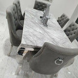 Louis Marble & Chrome Dining Table With Chrome Ring Knocker Velvet Chairs