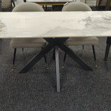 Phoenix 180cm White Ceramic Marble Dining Table With Grey Velvet Black Ring Chairs