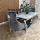 Denver Marble & Chrome Dining Table With Lion Knocker Quilted Velvet Chairs