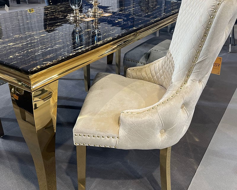 Louis Grey Gold Marble Dining Table With Victoria Shimmer Velvet Lion Knocker Velvet Chairs