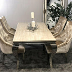 Louis 200cm Cream Marble Dining Table + Chrome Ring Knocker Dining Chairs-Esme Furnishings