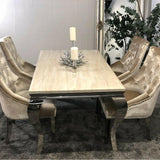 Louis 200cm Cream Marble Dining Table + Chrome Ring Knocker Dining Chairs-Esme Furnishings