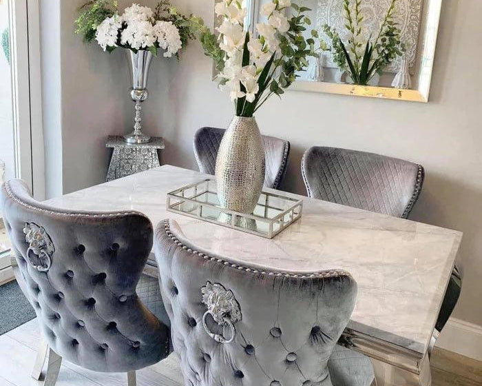 Louis Marble & Chrome Dining Table With Valente Lion Knocker Velvet Chairs-Esme Furnishings