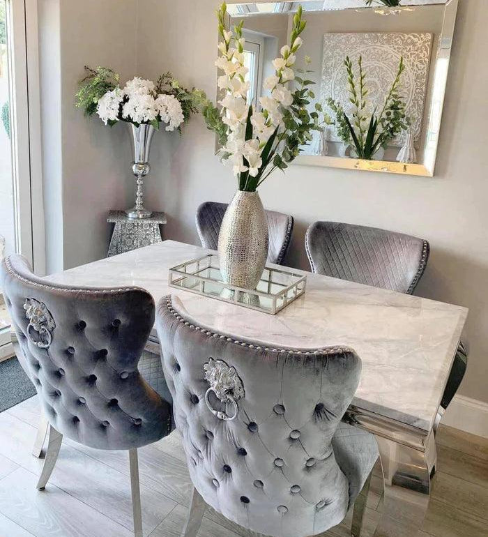Louis Marble & Chrome Dining Table With Valente Lion Knocker Velvet Chairs-Esme Furnishings