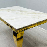 Louis Gold Cream Marble Dining Table With Shimmer Gold Lion Knocker Dining Chairs