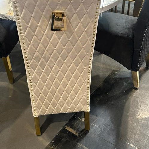 Sofia Gold Square Knocker Quilted Emma Slim Cream Gold Shimmer Velvet Dining Chair Gold Legs