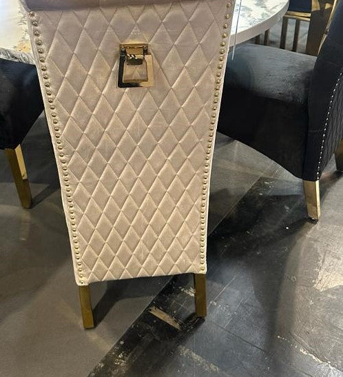 Sofia Gold Square Knocker Quilted Emma Slim Cream Gold Shimmer Velvet Dining Chair Gold Legs