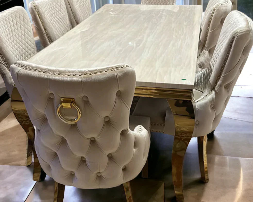 Louis Gold Cream Marble Dining Table With Shimmer Gold Ring Knocker Dining Chairs