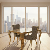 Louis Pandora Gold Marble Dining Table With Victoria Shimmer Velvet Lion Knocker Velvet Chairs