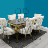 Louis Marble & Gold Dining Table With Victoria Gold Ring Knocker Velvet Chairs