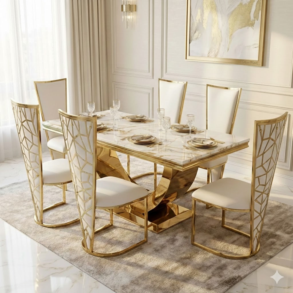 Arial Marble & Gold Dining Table With Florence High Back Dining Chairs Gold Legs