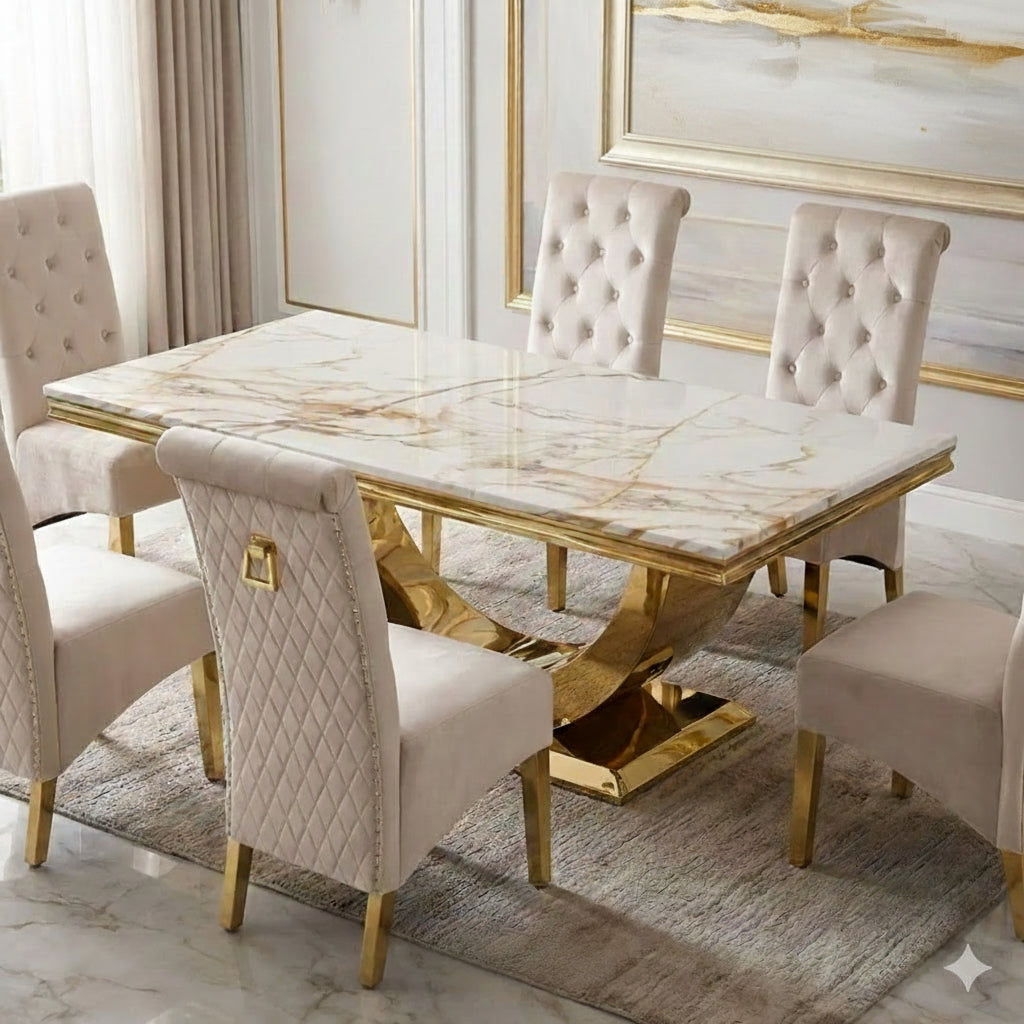 Arial Marble & Gold Dining Table With Lucy Ring Knocker Dining Chairs Gold Legs