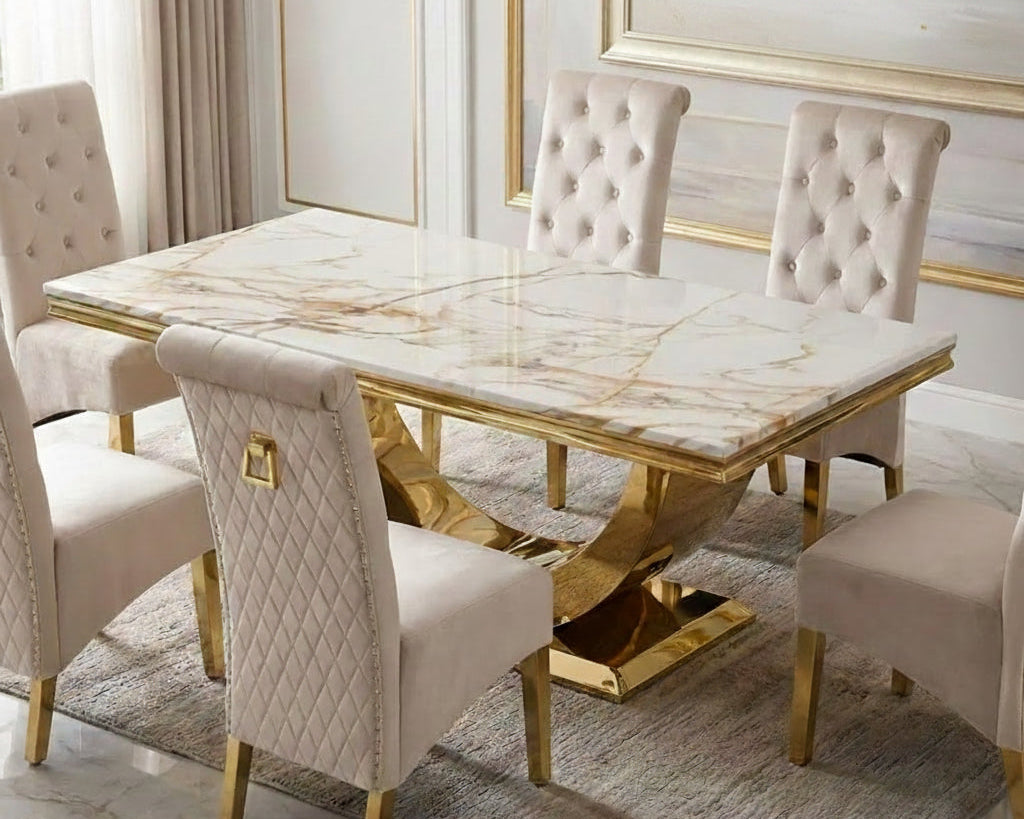 Arial Marble & Gold Dining Table With Lucy Ring Knocker Dining Chairs Gold Legs