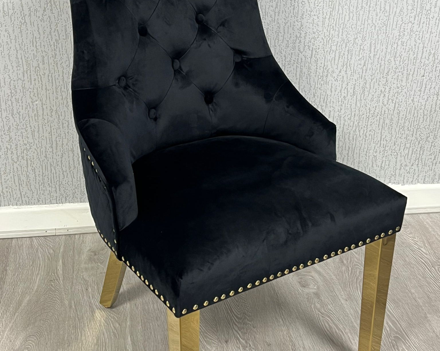 Majestic Black Gold Ring Knocker Quilted Tufted Plush Velvet Dining Chair Gold Legs-Esme Furnishings