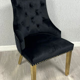 Louis Gold Round Black Marble 110cm Dining Table + Black Gold Ring Knocker Velvet Dining Chairs
