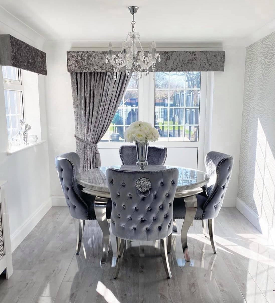Louis 130cm Grey Marble Round Dining Table + Valente Grey Lion Button Chairs-Esme Furnishings