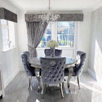 Louis 130cm Grey Marble Round Dining Table + Valente Grey Lion Button Chairs-Esme Furnishings