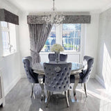 Louis 130cm Grey Marble Round Dining Table + Valente Grey Lion Button Chairs-Esme Furnishings