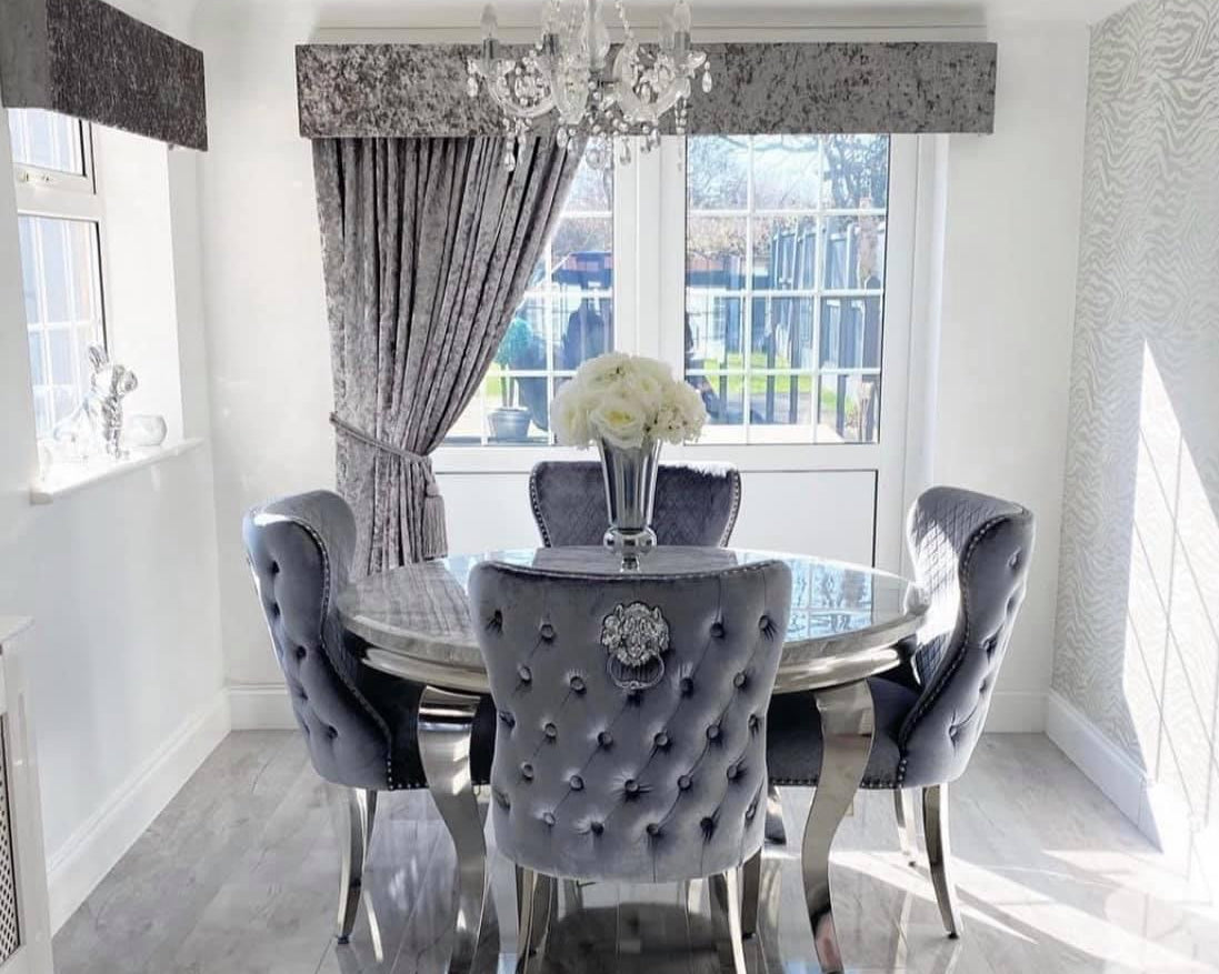 Louis 130cm Grey Marble Round Dining Table + Valente Grey Lion Button Chairs-Esme Furnishings