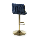 Lorne Luxury Blue & Gold Linen Fabric Bar Stool Adjustable Gold Legs