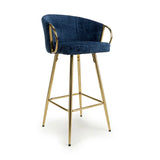 Viscose Luxury Blue & Gold Linen Fabric Bar Stool Gold Legs