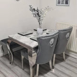 Louis 120cm Marble & Chrome Dining Table With Grey Lion Knocker Velvet Chairs & Bench