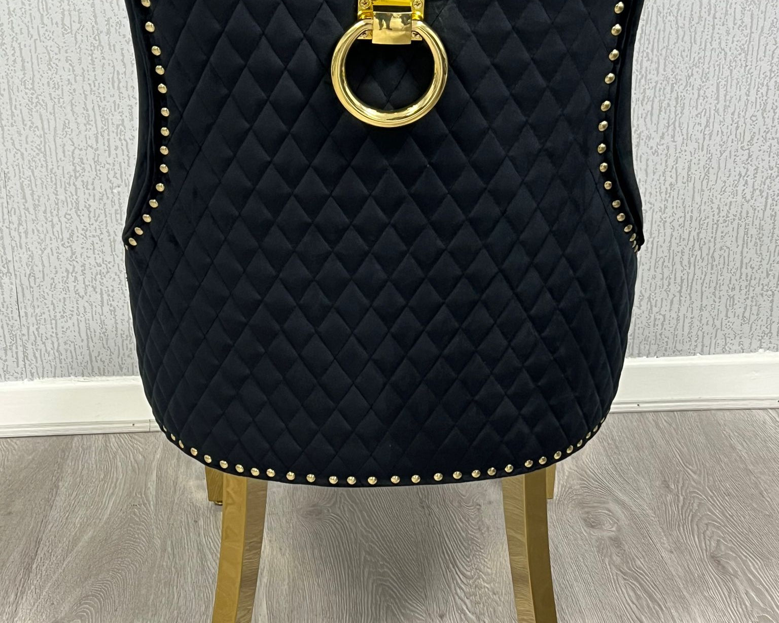 Majestic Black Gold Ring Knocker Quilted Tufted Plush Velvet Dining Chair Gold Legs-Esme Furnishings