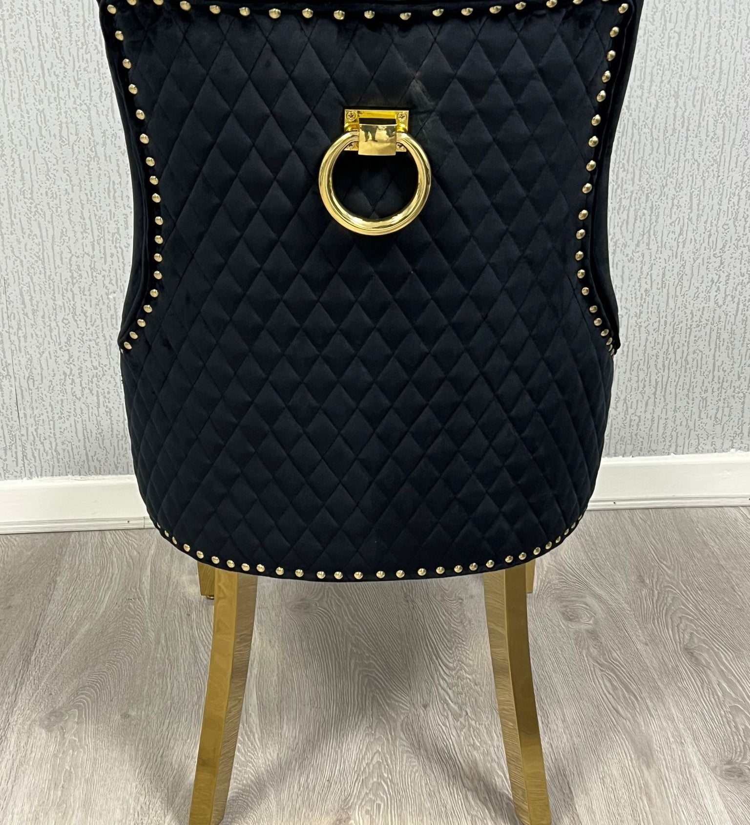 Majestic Black Gold Ring Knocker Quilted Tufted Plush Velvet Dining Chair Gold Legs-Esme Furnishings