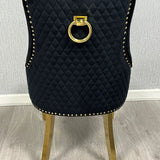 Louis Gold Round Black Marble 110cm Dining Table + Black Gold Ring Knocker Velvet Dining Chairs