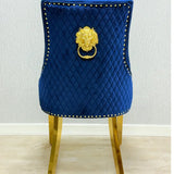 Arianna Marble & Gold Dining Table With Quilted Lion Knocker Velvet Chairs Gold Legs