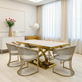 Elina 180cm Gold Dining Table With Savoy Gold Leathaire Fabric Chairs Gold Legs