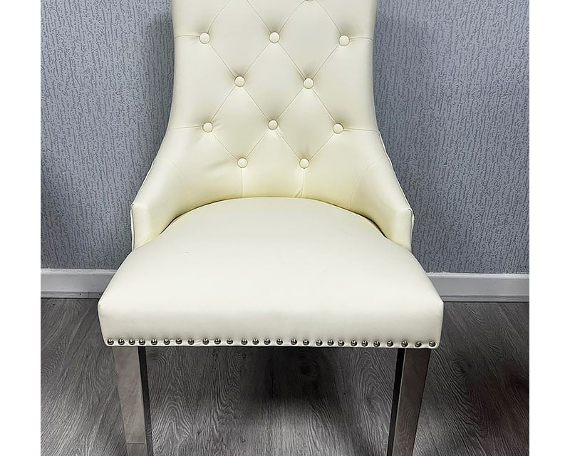 Majestic PU Lion Knocker Quilted PU Cream White Leather Dining Chair Chrome Legs