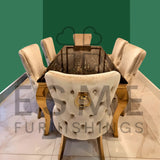 Louis 160cm Marble & Gold Dining Table With Victoria Gold Ring Knocker Velvet Chairs