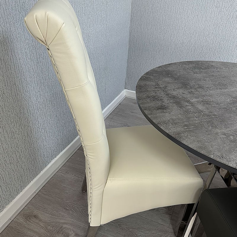Lucy PU Lion Knocker Quilted Emma Slim Cream White Leather Dining Chair Chrome Legs
