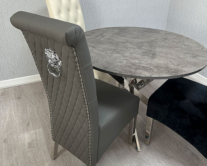 Lucy PU Lion Knocker Quilted Emma Slim Grey Leather Dining Chair Chrome Legs