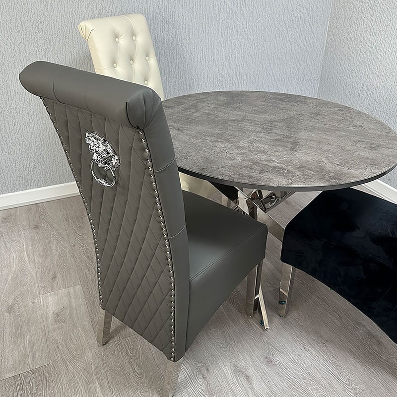Lucy PU Lion Knocker Quilted Emma Slim Grey Leather Dining Chair Chrome Legs