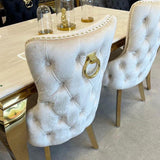 Louis Gold Cream Marble Dining Table With Shimmer Gold Ring Knocker Dining Chairs