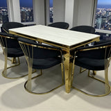 Louis Marble & Gold Dining Table With Savoy Gold Leathaire Fabric Chairs Gold Legs