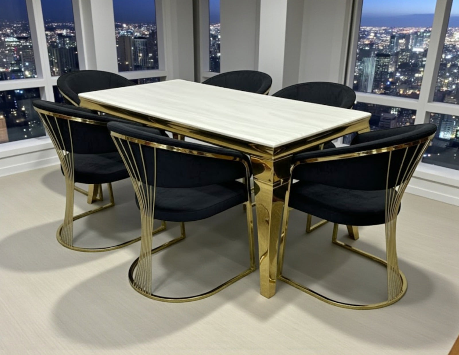 Louis Marble & Gold Dining Table With Savoy Gold Leathaire Fabric Chairs Gold Legs