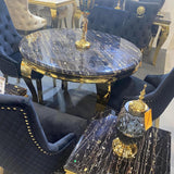Louis Gold Round Black Marble 110cm Dining Table + Black Gold Ring Knocker Velvet Dining Chairs