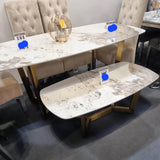 Lucien 150cm Gold Oval Dining Table with Pandora Gold Ceramic Marble Top + Cream/Gold  Ring Knocker Velvet Chairs