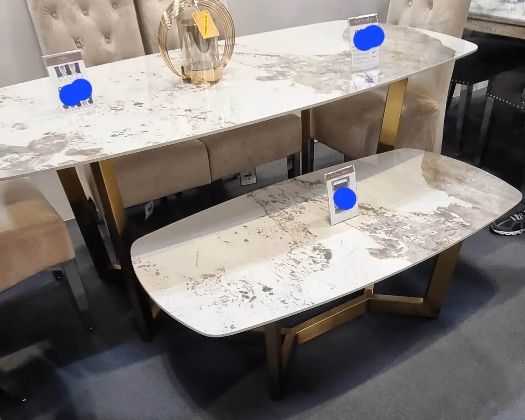 Lucien 180cm Gold Oval Dining Table with Pandora Gold Ceramic Marble Top + Cream/Gold  Ring Knocker Velvet Chairs
