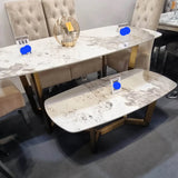 Lucien 180cm Gold Oval Dining Table with Pandora Gold Ceramic Marble Top + Cream/Gold  Ring Knocker Velvet Chairs
