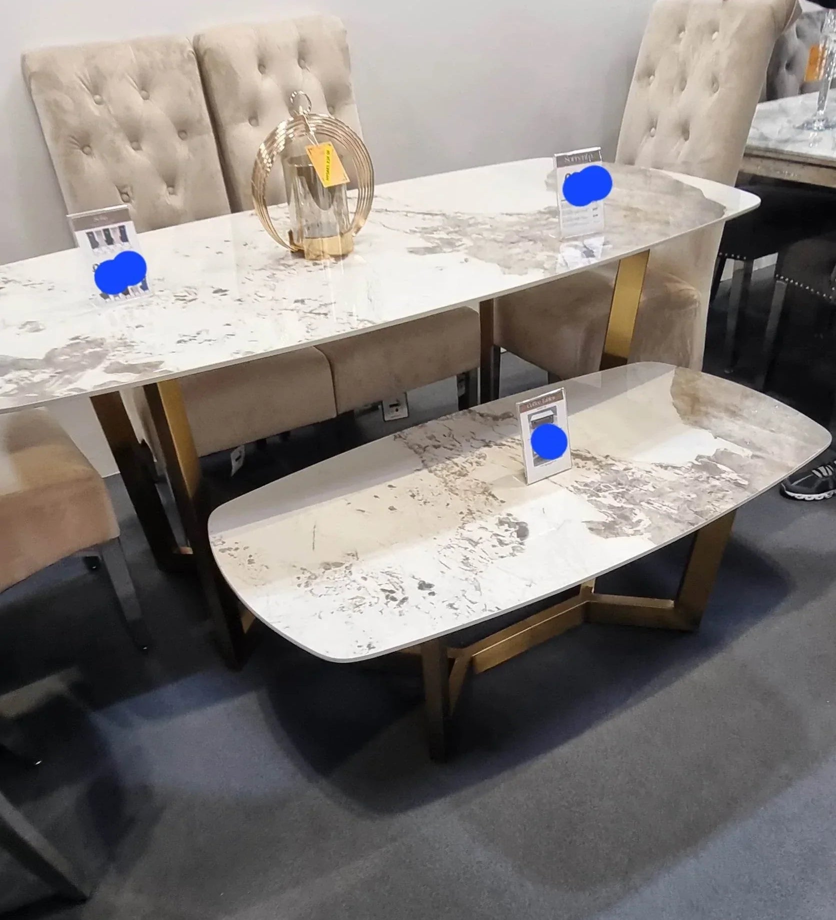 Lucien 180cm Gold Oval Dining Table with Pandora Gold Ceramic Marble Top + Cream/Gold  Ring Knocker Velvet Chairs